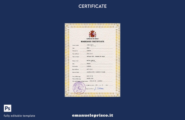 modello PSD di certificato di matrimonio spagnolo in stile verificato
